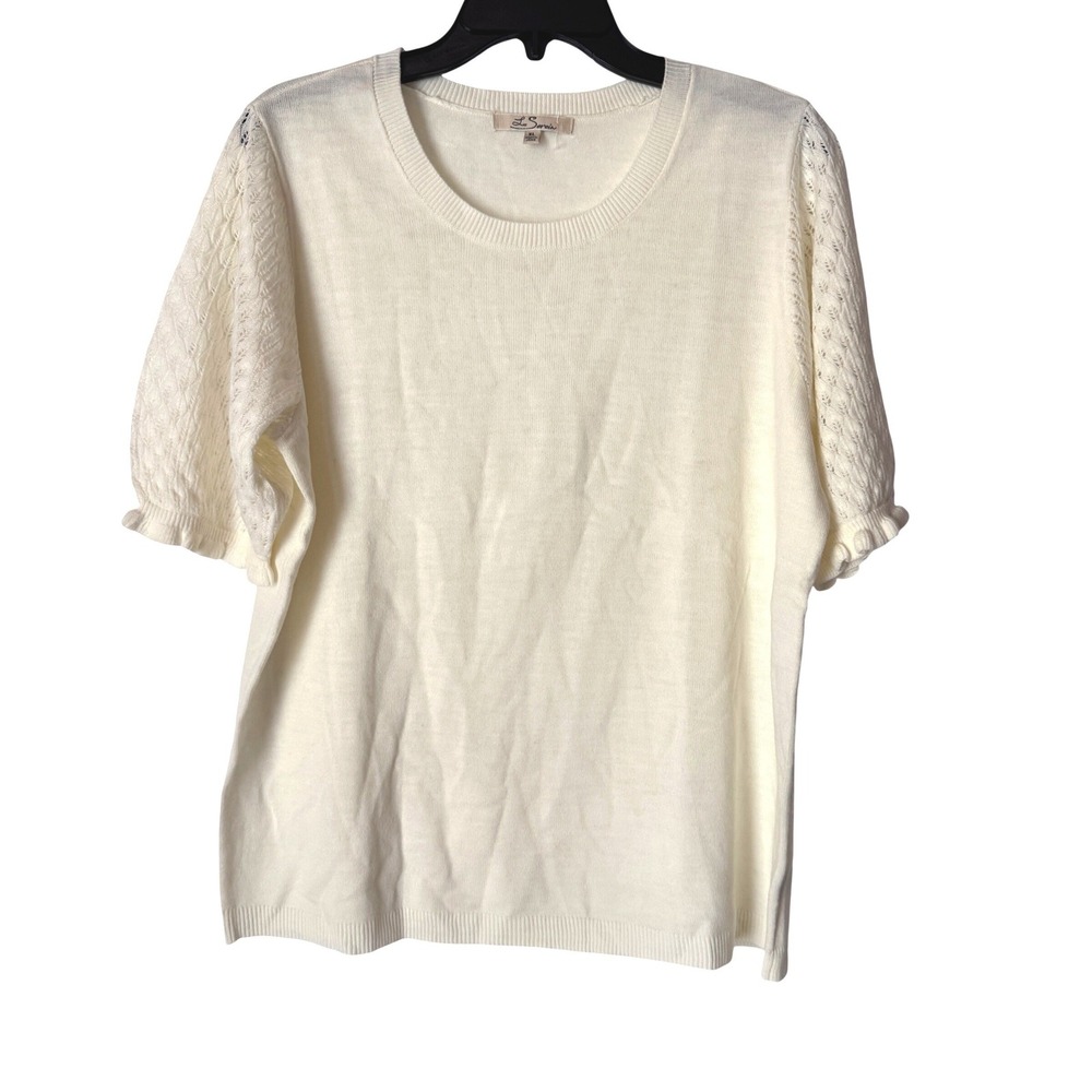 Les Serein Sweater Pointelle Puff Sleeve Women XL Cream Short Sleeve Top